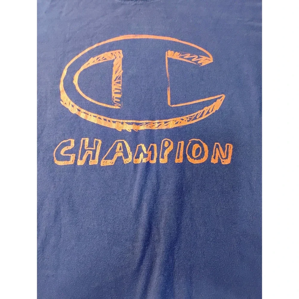 VTG Champion T-Shirt Men's L/XL‎ Navy Blue Orange Large C Logo Athletic Tee Y2K - Picture 3 of 5